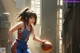 A girl in a blue and orange uniform holding a basketball.