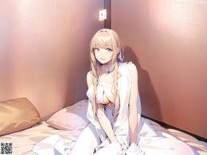 A woman in a white dress sitting on a bed.