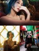 A collage of photos of a woman with blue hair.