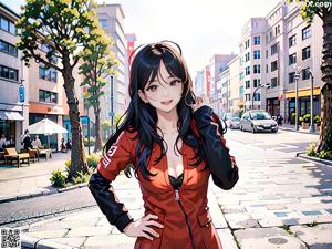 A woman in a red jacket standing on a city street.
